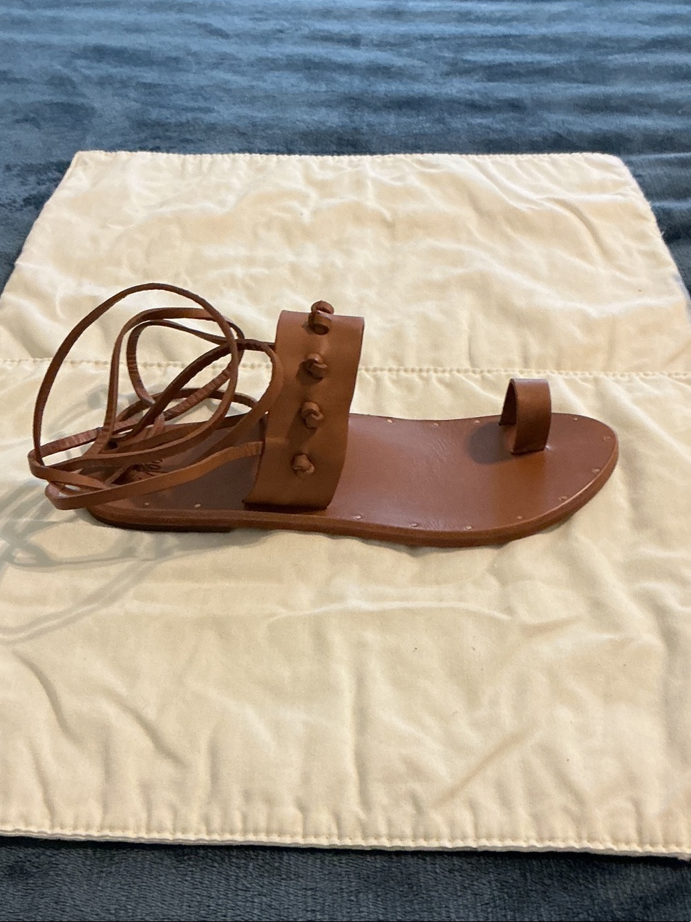 beek Cognac Brown Leather Lace-Up Toe Loop Sandals